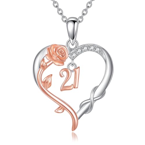 JERWLI 21st Geburtstag Geschenk S925 Sterling Silber 21st Geburtstag Herz Halskette Für Immer Rosen Anhänger 21 Schmuck für Damen Frauen Freundinnen von JERWLI