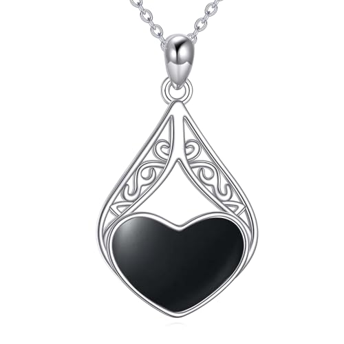 JERWLI 925 Sterling Silber Herz-Anhänger-Halskette mit Opal/Mondstein/Schwarzem Onyx/Türkis für Frauen, Herzschmuckgeschenke. (Schwarze Onyx) von JERWLI