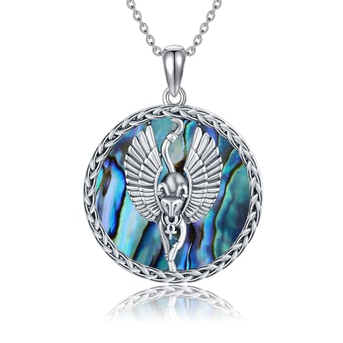 JERWLI Bastet Kette 925 Sterling Silber Vintage Ägyptische Mythologische Katze Göttin mit Flügeln Anhänger Halskette Abalone Shell Amulett Altägyptischer Schmuck Geschenk für Damen Frauen Männer von JERWLI