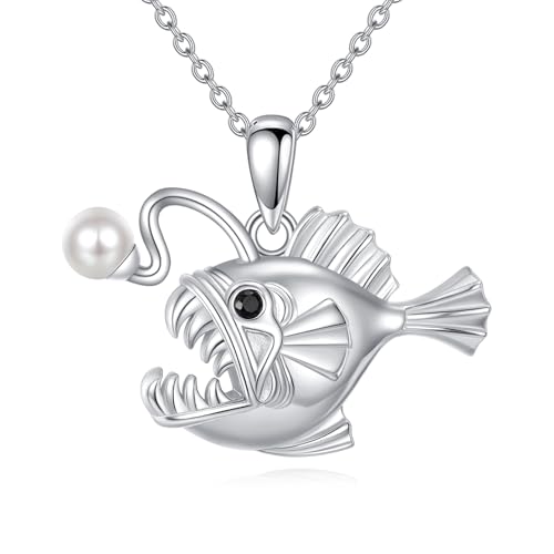 JERWLI Anglerfisch Halskette S925 Sterling silber Leuchtfisch Anglerfisch Anhänger Schmuck Geschenk für Frauen Damen von JERWLI