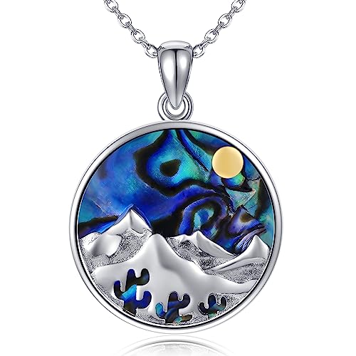 JERWLI Berg Halskette Sterling Silber Abalone Shell Bergkette Anhänger Kaktus Halskette Schmuck Geschenke für Wanderer, Kletterer und Naturliebhaber von JERWLI