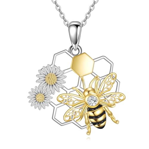 JERWLI Biene Halskette 925 Sterling Silber Bienen Waben Honig Anhänger Hummel Halskette Bienen Gänseblümchen Schmuck Imker Geschenke für Damen Frauen Mütter Liebhaber von JERWLI