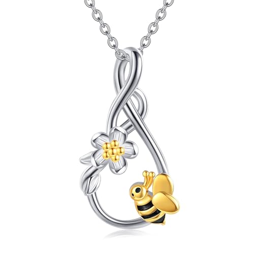 JERWLI Biene Kette 925 Sterling Silber Infinity Biene Anhänger Halskette mit Daisy Blume Biene Schmuck Geschenke für Damen Frauen Mädchen Mutter von JERWLI