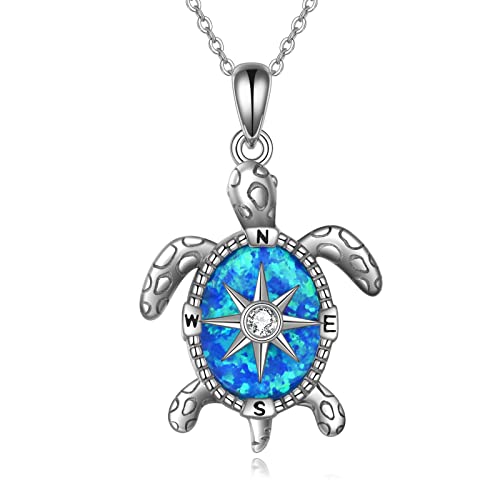 JERWLI Schildkröte Kette Silber 925 Meeresschildkröten Kompass Anhänger Halskette Blauer Opal Schildkröten Schmuck Ozean Geschenke für Damen Mädchen Männer von JERWLI