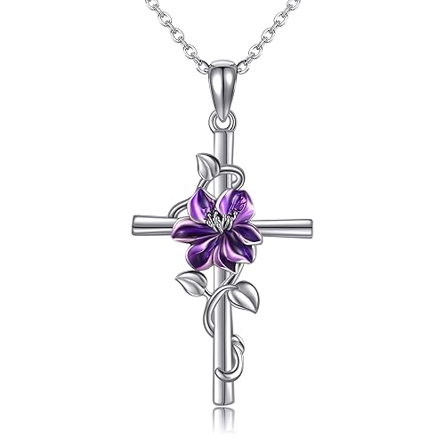 JERWLI Blume Kreuz Halskette 925 Sterling Silber Nelke/Rose/Lily/Daisy Kreuz Halskette Geburt Blume Schmuck für Frauen Mädchen (Violett) von JERWLI