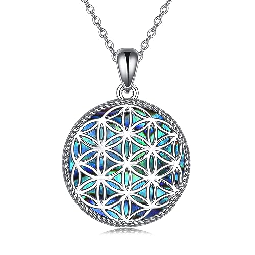 JERWLI Blume des Lebens Halskette 925 Sterling Silber Abalone Muschel Blume des Lebens Anhänger Schmuck für Frauen Mädchen Geschenke von JERWLI