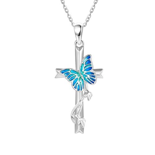 JERWLI Schmetterling Kreuz Halskette S925 Sterling Silber Blau Schmetterling Anhänger Halsketten Religion Schmuck Geschenk für Frauen Mädchen von JERWLI