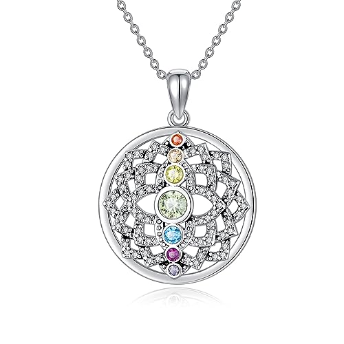 JERWLI Chakra kette 925 Sterling Silber Kristall Lotus Blume Yoga Anhänger Halskette Spiritueller Lotus Schmuck Geschenke für Damen Frauen Mutter Ehefrau Freundin von JERWLI