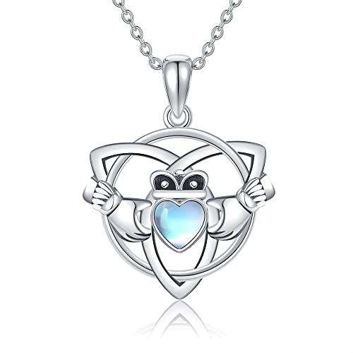 JERWLI Claddagh Kette mit Mondstein, 925er-Sterlingsilber, irischer keltischer Knoten, Herz-Anhänger, Halskette Schmuck, Geschenke für Frauen und Mädchen von JERWLI