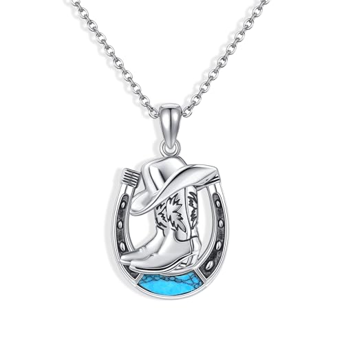 JERWLI Cowboy Boot Halskette mit Glückshufeisen Halskette 925 Sterling Silber Country Halskette Cowgirl Boot Hut Anhänger Halskette Westernschmuck Geschenke für Frauen von JERWLI