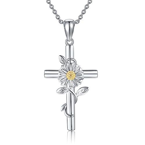 JERWLI Gänseblümchen Daisy Halskette 925 Sterling Silber Daisy Kreuz Anhänger Halskette April Geburt Blume Schmuck für Frauen Mädchen von JERWLI