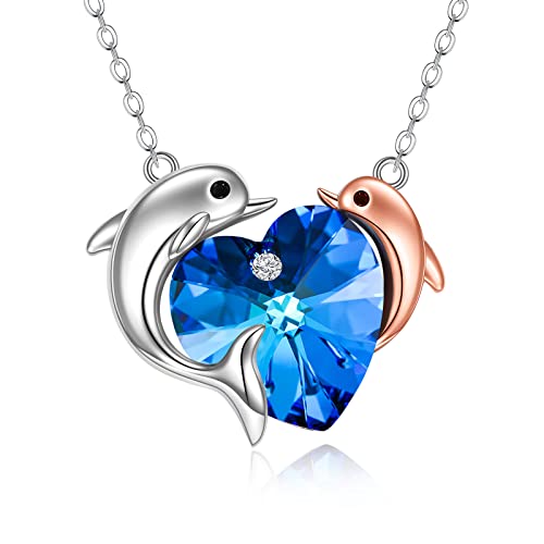 JERWLI Delphin Herz Kristall Halskette 925 Sterling Silber Delphin Anhänger Halskette Ozean Schmuck Geschenke für Frauen Mädchen von JERWLI