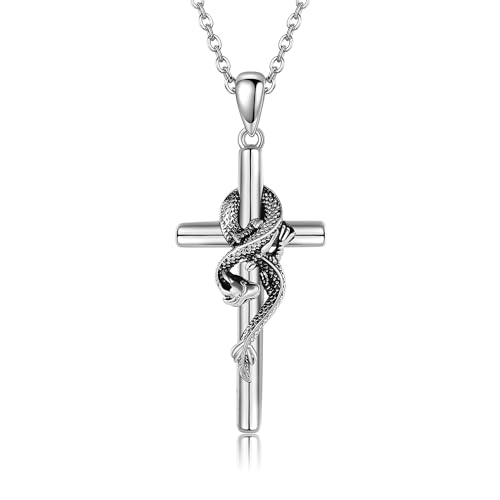 JERWLI Drachen Kreuz Halskette 925 Sterling Silber Drachen Anhänger Halskette Drachen Schmuck für Männer Frauen von JERWLI