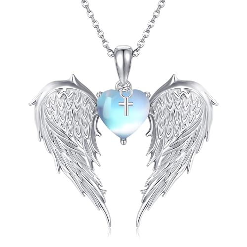 JERWLI Engelsflügel Halskette 925 Sterling Silber Engel Anhänger Engelsflügel Mondstein Halskette Engel Schmuck Geschenke für Frauen Damen Mädchen Mutter Liebhaberin von JERWLI