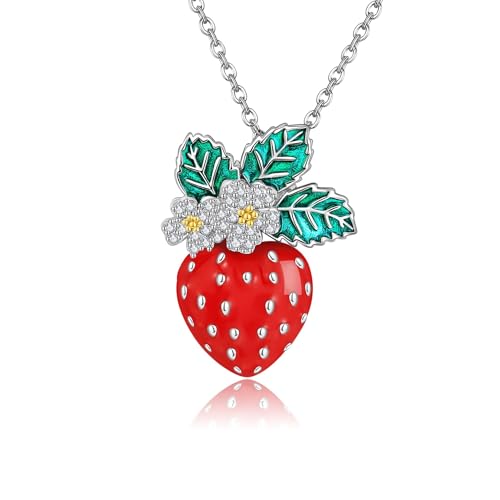JERWLI Erdbeere Halskette 925 Sterling Silber Erdbeere Anhänger Obst Schmuck Geschenke für Frauen Mädchen von JERWLI