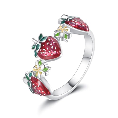 JERWLI Erdbeerring 925er Sterlingsilber Kawaii-Fruchtringe Erdbeerschmuck Geschenke für Frauen (9) von JERWLI