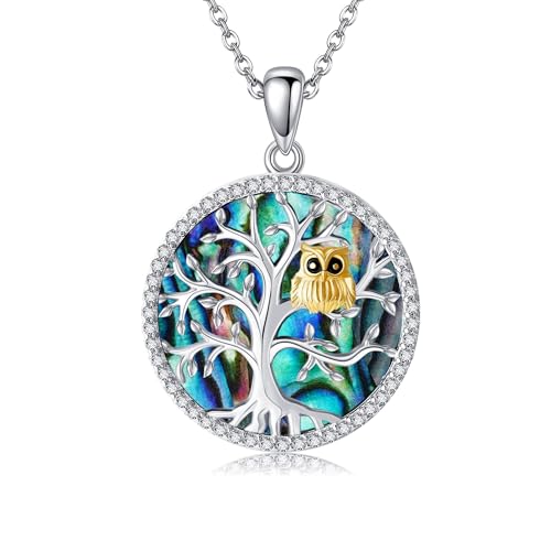 JERWLI Eule Halskette 925 Sterling Silber Eule Baum des Lebens Anhänger Halsketten Abalone Eulen Schmuck Geschenke für Frauen Mädchen von JERWLI