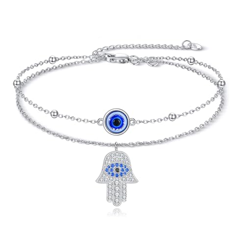 JERWLI Evil Eye Hamsa Armband S925 Sterling Silber Blaues Evil Eye Schichten Armband Hamsa Fatima Hand Drittes Auge Amulett Schmuck Glücks und Schutz Geschenke für Damen Frauen Mütter von JERWLI