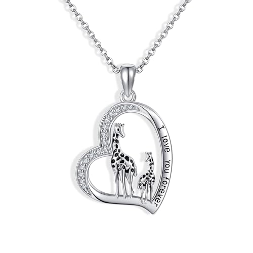JERWLI Giraffe Halskette für Frauen 925 Sterling Silber Giraffe Herz Anhänger Halskette Liebe Tier Giraffe Schmuck Geschenke für Frauen Mutter von JERWLI