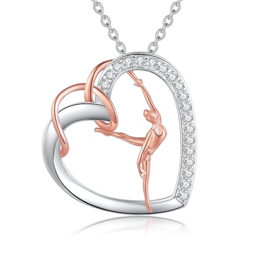 JERWLI Gymnastik Kette 925 Sterling Silber Gymnast Herz Anhänger Halskette Inspiration Sport Ballerina Gymnastik Schmuck Geschenke für Damen Mädchen Gymnast (Turnhalsband) von JERWLI