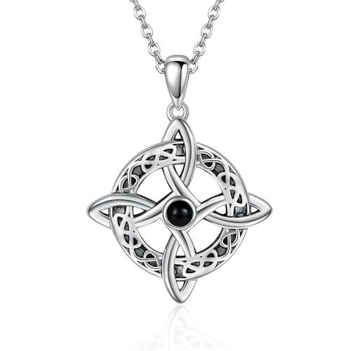 JERWLI Hexen Knoten Kette 925 Sterling Silber Schwarzer Onyx Irischer Keltischer Hexenknoten Anhänger Halskette Wicca Schmuck Schutz Amulett Geschenke für Damen Frauen Männer Mutter (style 1) von JERWLI