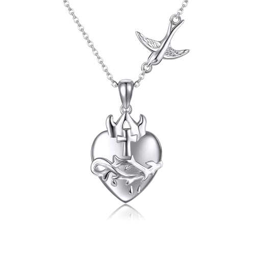 JERWLI Heiliges Herz Jesu Kette 925 Sterling Silber Katholischer Glaube Anhänger Halskette Liebe Gottes Dornen Schmuck Oster Geschenke für Damen Frauen Mädchen Mutter von JERWLI