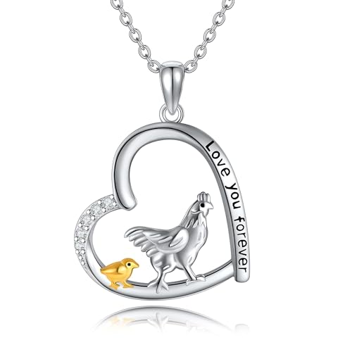 JERWLI Huhn Kette 925 Sterling Silber Herz Hen Anhänger Halskette Hen und Hühner Schmuck Bauernhof Tier Familie Geschenke für Damen Frauen Mädchen Mutter Huhn Liebhaber Frau Töchter von JERWLI