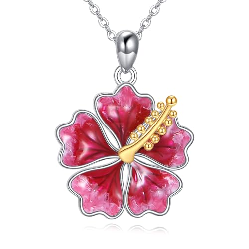 JERWLI Hibiskus-Halskette 925er Sterlingsilber Halskette mit Hawaii-Blumenanhänger Hibiskus-Schmuck Geschenke für Frauen von JERWLI