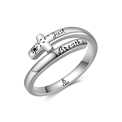 JERWLI Hoffnung Ringe für Frauen 925 Sterling Sliver Just Breathe Ring Kreuz Hoffnung Ringe Adjustable Ring Inspirational Schmuck Geschenke für Frauen Freund (7) von JERWLI