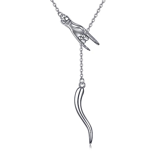 JERWLI Italienische Horn Halskette Sterling Silber Cornicello und Mano Cornuto Glück Schutz Amulett Anhänger Schmuck für Frauen Mädchen (Italienische Horn Hand) von JERWLI