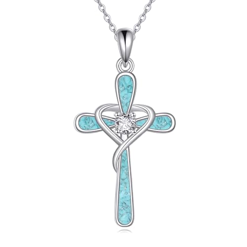 JERWLI JERWL Türkis-Kreuz-Halskette 925er Sterlingsilber religiöser Kreuz-Anhänger Türkis-Schmuck Geschenke für Frauen von JERWLI