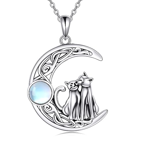 JERWLI Katzen Kette Silber 925 Mondstein Mond Katzen Anhänger Halskette Katze Schmuck Geschenke für Damen Mädchen Katzen Liebhaber Ehefrau von JERWLI