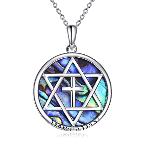 JERWLI Davidstern Kette Silber 925 Kreuz David Stern Anhänger Halskette Abalone Muschel Religiöser Jüdischer Davidstern Schmuck Geschenk für Herren Damen von JERWLI