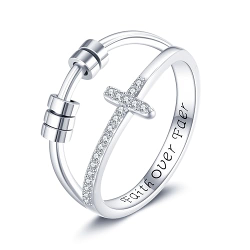 JERWLI Kreuz Fidget Ring S925 Sterlingsilber Kreuz Ringe Christliche Reinheits Spinnringe Gegen Angst für Damen Frauen Männer Religiöse Geschenke (8) von JERWLI