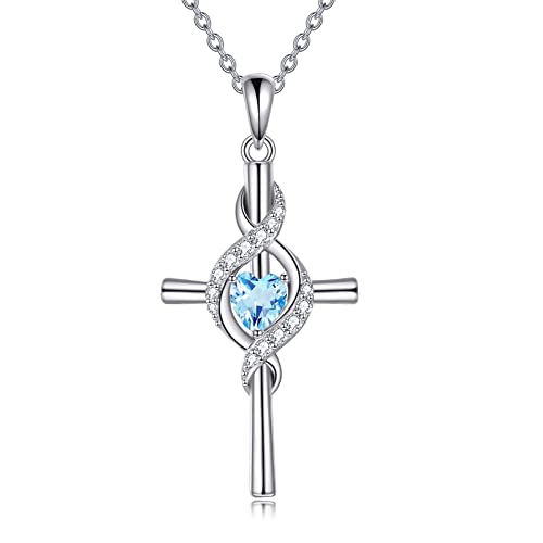 JERWLI Kreuz Halskette für Frauen 925 Sterling Silber Kreuz Geburtsstein Anhänger Halskette Infinity Kreuz Religiöser Schmuck Geschenke für Frauen (Light Blue) von JERWLI