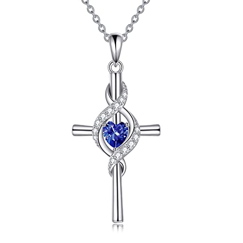 JERWLI Kreuz Halskette für Frauen 925 Sterling Silber Kreuz Geburtsstein Anhänger Halskette Infinity Kreuz Religiöser Schmuck Geschenke für Frauen (Sea Blue) von JERWLI