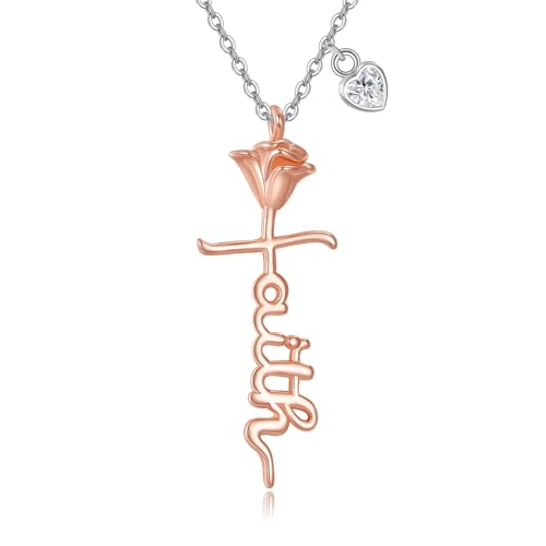 JERWLI Kreuzkette für Damen 925er Sterlingsilber Rosenanhänger Konfirmationsgeschenk Kreuz christlicher Schmuck für Damen von JERWLI