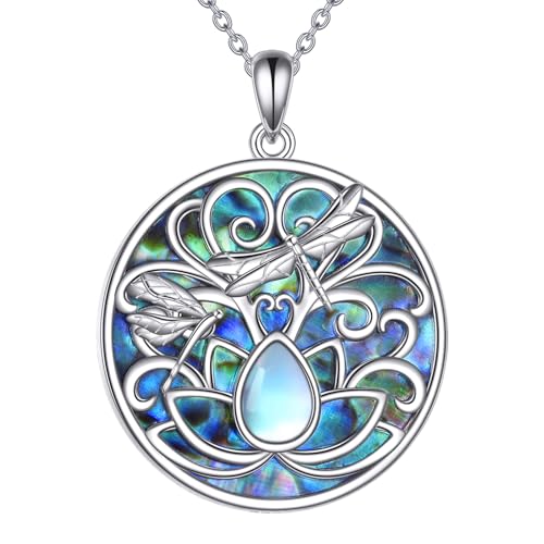 JERWLI Libelle Halskette S925 Sterling Silber Abalone Libellen Lotus Anhänger Mondstein Lotusblüte Schmuck für Damen Frauen Liebhaberinnen von JERWLI