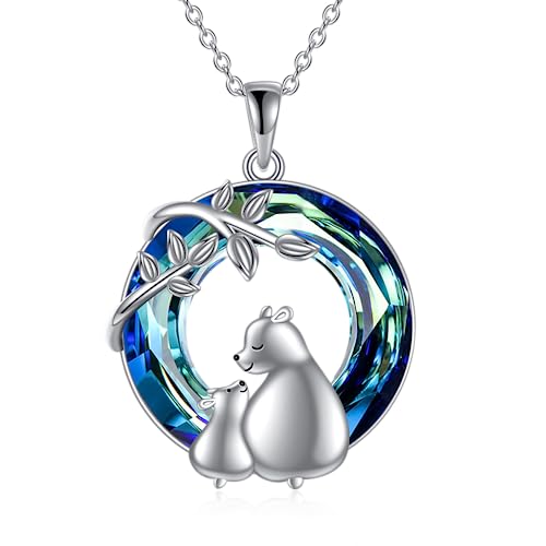 JERWLI Mama Bär Halskette mit Jungtier Sterling Silber Kristall Mutter und Kind Eisbär Schmuck Geschenke für Frauen Mutter Frau Tochter von JERWLI