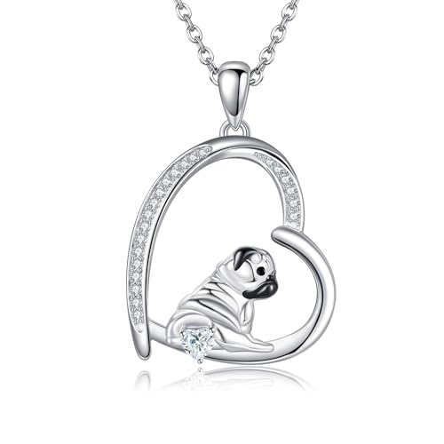 JERWLI Mops Halskette Sterling Silber S925 Schwarzer Mops Anhänger Halskette Schmuck für Frauen Mädchen Mops Geschenke für Mopsliebhaber von JERWLI