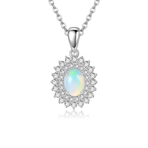 JERWLI Natürliche Opal Halskette 925 Sterling Silber Opal Anhänger Halskette Cubic Zirkonia Natürliche Opal Schmuck für Frauen Mädchen von JERWLI