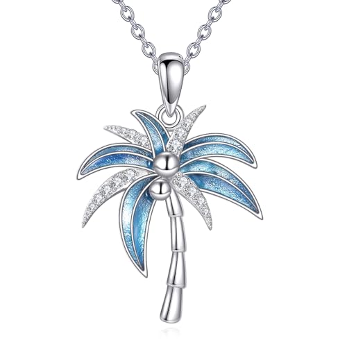 JERWLI Palme Halskette Sterling Silber 925 Blaue Kokosnuss Baum Anhänger Halskette Palmen Schmuck Strand Sommer Geschenke für Damen Frauen Liebhaberinnen von JERWLI