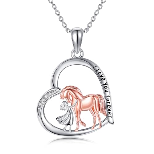 JERWLI Pferd Halsketten Sterling Silber 925 Pferd Und Mädchen Halsketten Pferd Charme Schmuck Pferde Kette Geschenke Für Frauen Mädchen von JERWLI