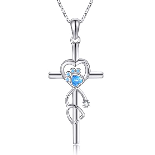 JERWLI Pfote Kreuz Halskette 925 Sterling Silber Cubic Zirkon Pfote Anhänger Hund Katze Haustier Pfote Druck Geschenke Herz Kreuz Schmuck für Mädchen Frauen von JERWLI