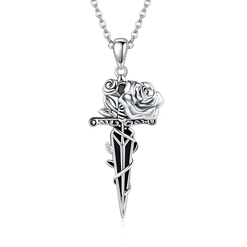 JERWLI Schwerter Halskette S925 Sterling Silber Schwert Rosen Halsketten Punk Schmuck Für Frauen Mädchen Messer Anhänger Geschenke von JERWLI