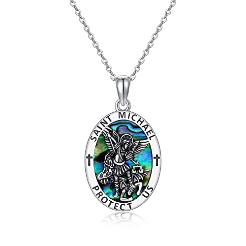 JERWLI Saint Michael Kette 925 Sterling Silber Erzengel Michael Anhänger Halskette Schutz Saint Michael Schmuck für Damen Männer (Abalone Shell Saint Michael) von JERWLI