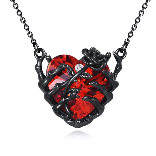 JERWLI Schädel Hand Halskette aus S925 Sterling Silber Schädel Rosen Anhänger Halskette gothischer Skelett Kristall Schmuck Goth Geschenke für Frauen Damen von JERWLI