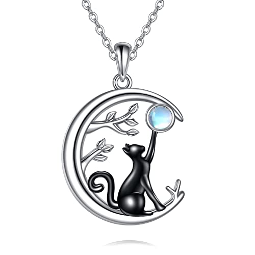 JERWLI Schwarze Katze Halskette Sterling Silber Schwarze Katze Mondstein Anhänger Halskette Schmuck Geschenke für Frauen Mädchen Katze Liebhaber von JERWLI