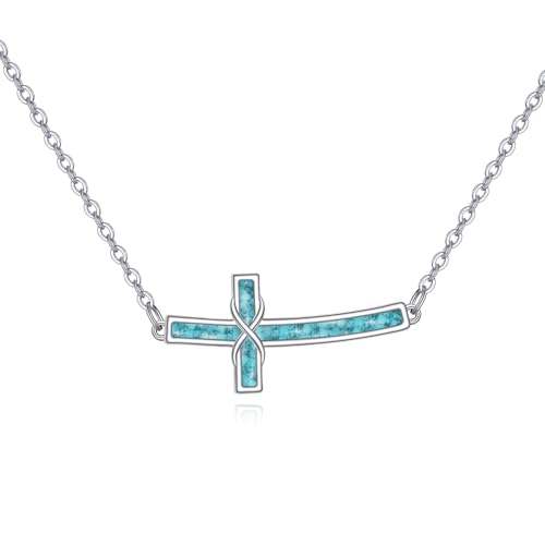 JERWLI Seitliches Kreuz Halskette S925 Sterling Silber Türkis Unendlichkeit Horizontal Kreuz Anhänger Halsketten Christlicher Religions Schmuck für Damen Frauen Liebhaberinnen von JERWLI