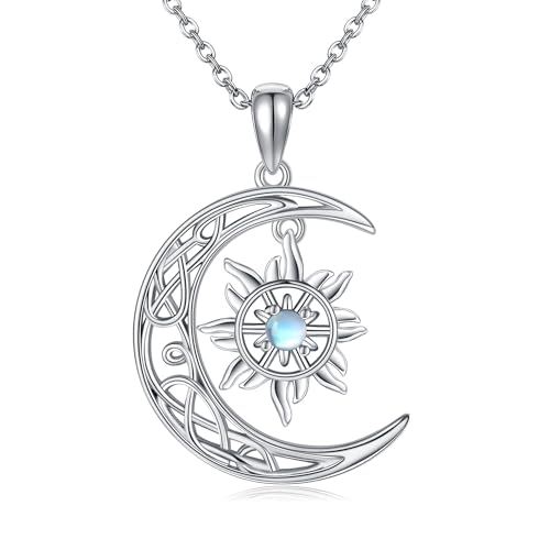 JERWLI Sonne und Mond Halskette S925 Sterling Silber Celtic Crescent Mond Sonnenheilmittel Mondsteine Halsketten Schmuck für Frauen Mädchen von JERWLI